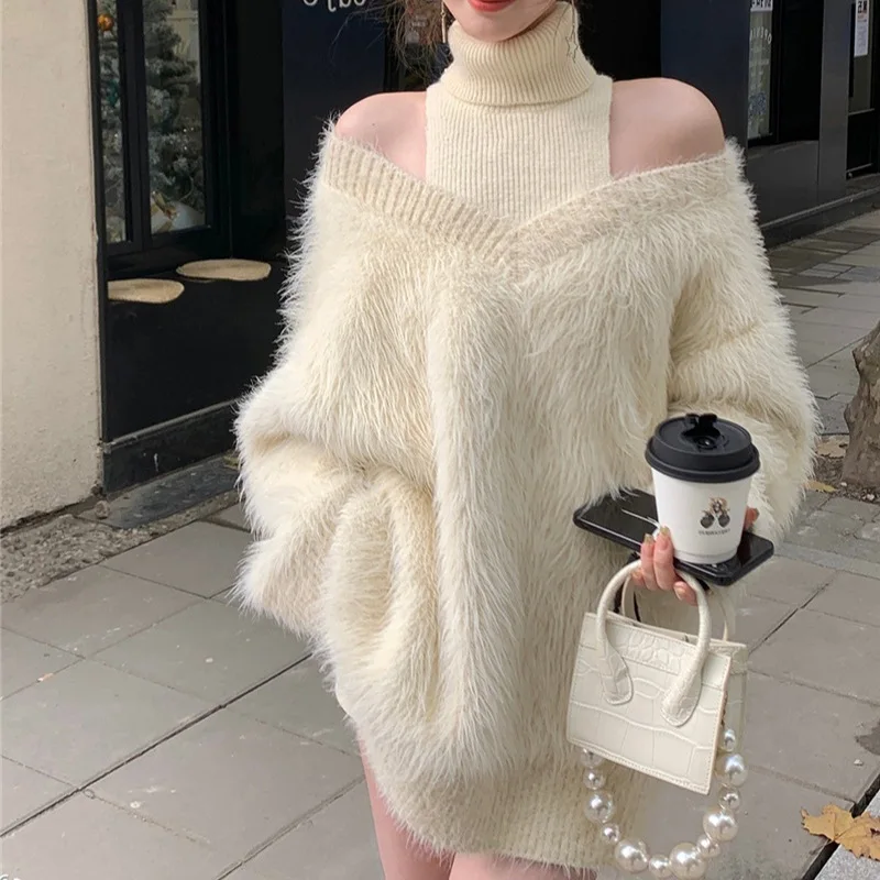 

7299 Spring Pure Desire Sexy High Neck Off-Shoulder Fake Two-Piece Mink Fur Loose Lazy Mid-Length Thick Sweater