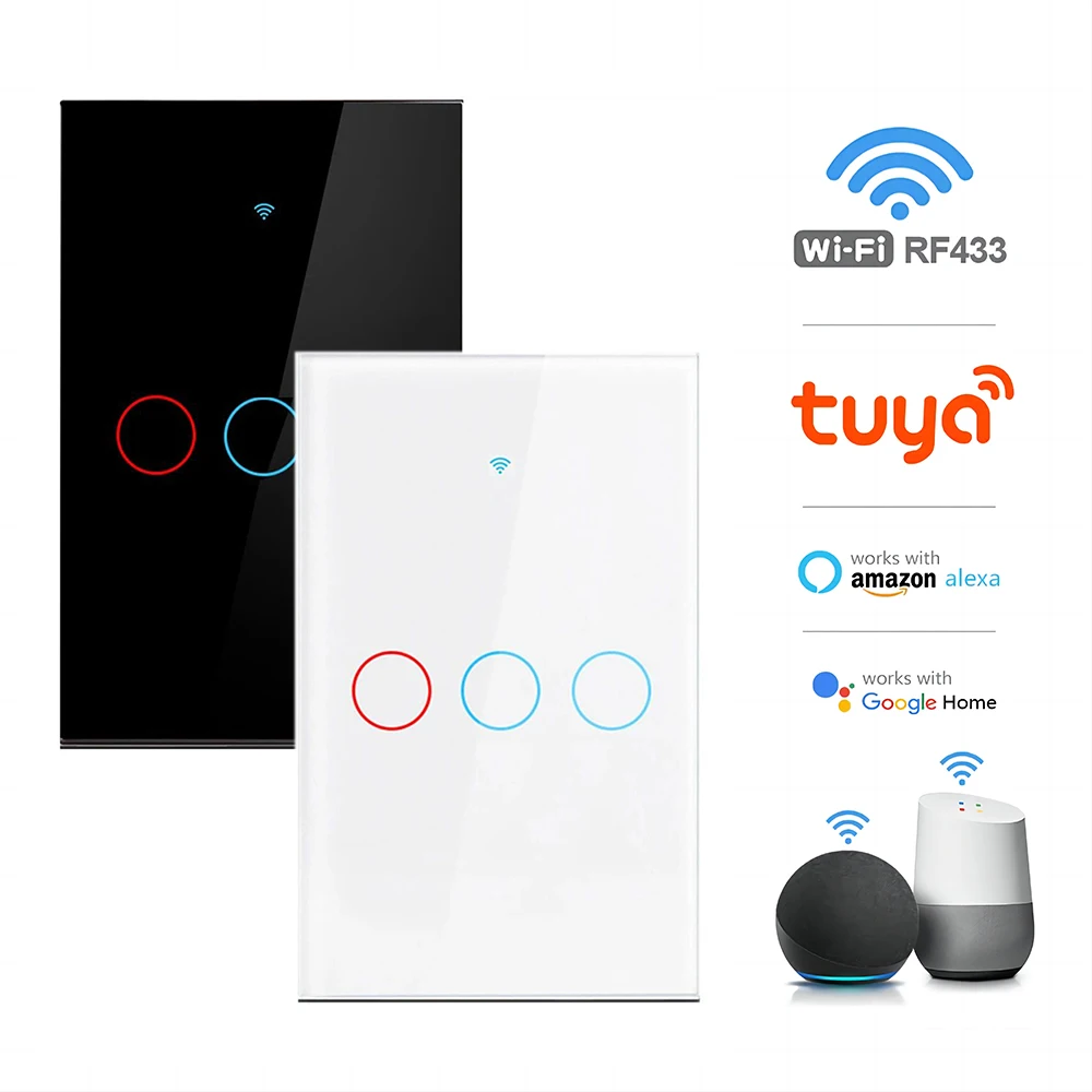 Tuya US WiFi Smart Wall Switch RF433 1/2/3 Gang No Neutral Wire Touch Sensor LED Light Switches Smart Home Alexa Google Home