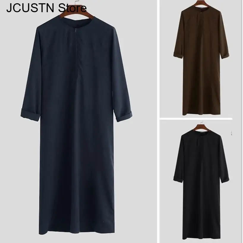 Plus Size 3Xl 4Xl 5Xl Men's Muslim Robe Long Sleeve Abaya Robes Solid Color Saudi Arabia Dress Zipper Shirt Round Neck T-Shirt