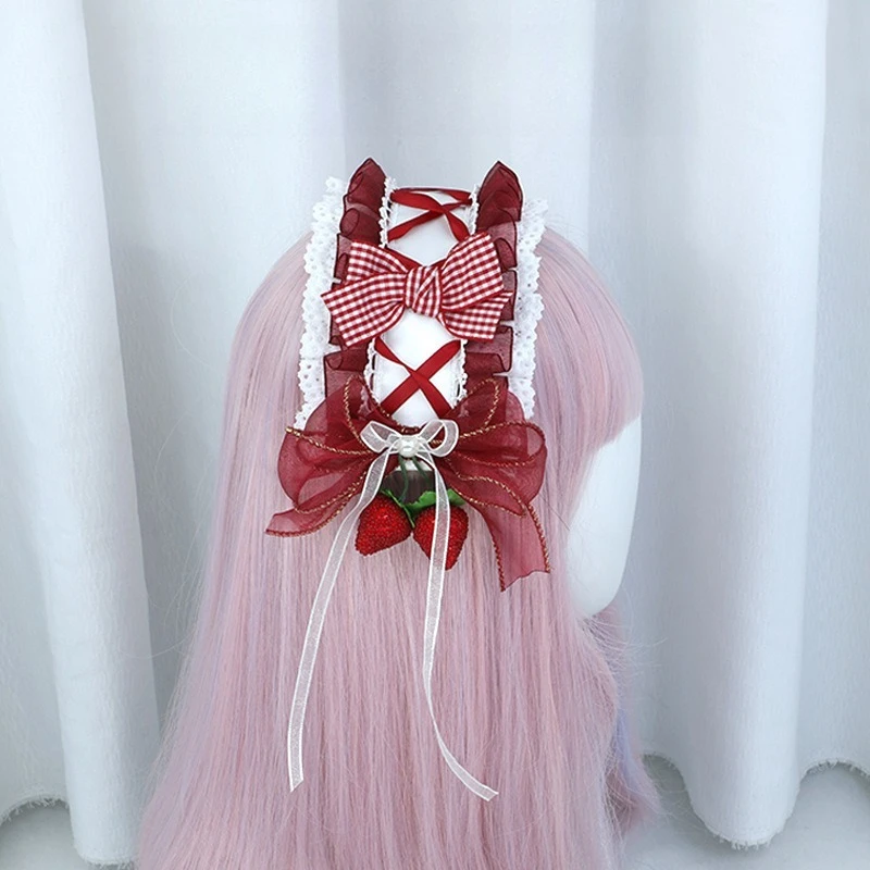 Morango grade arco lolita bandana retro clássico lolita headwear menina cosplay traje faixa de cabelo artesanal bonito cosplay acessório
