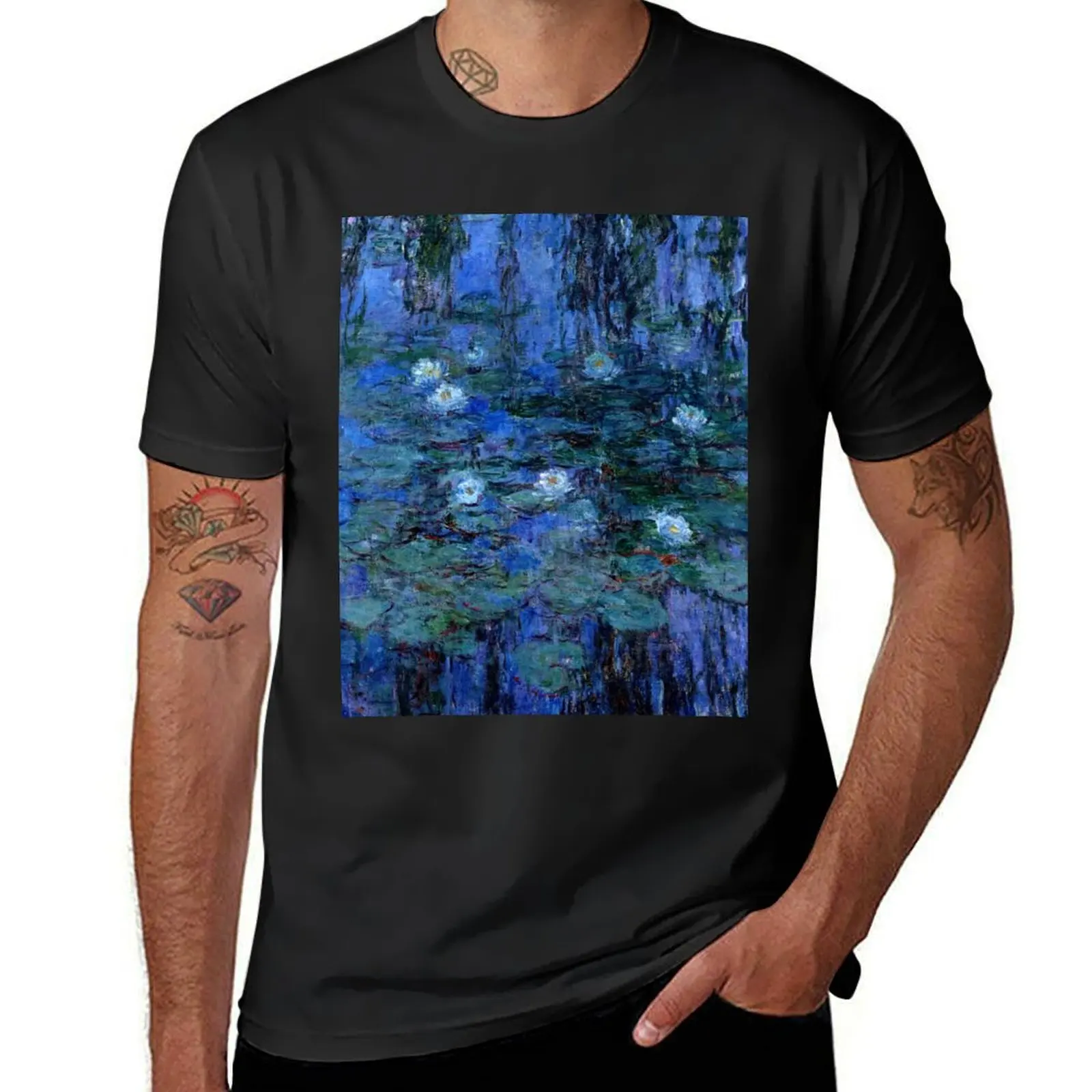 Water Lilies Monet vibrant blue T-Shirt summer top anime clothes men t shirts