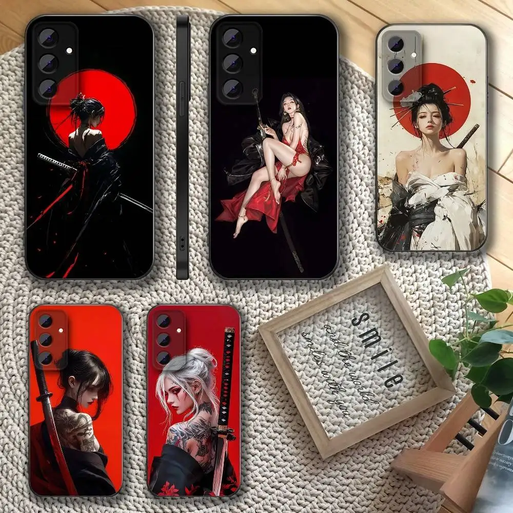 

Woman Samurai Phone Case For Samsung S 25,24,23,22,30,21,10,9,Ultra,Plus,Lite,FE,4,5 G Soft Black Case