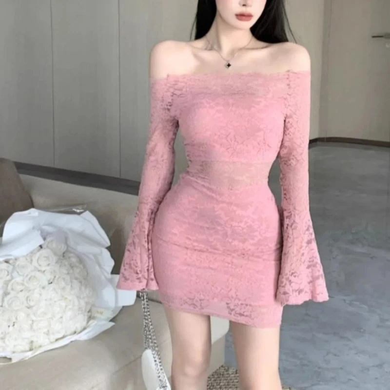 ワンラインカラーレース長袖ドレス女性スリムフィットホットガールショートスカート