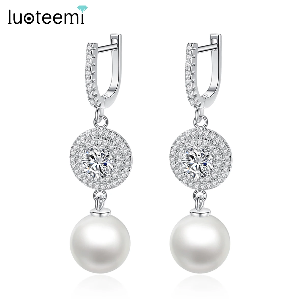 

LUOTEEMI Elegant New Fashion Bling Champagne Gold-Color CZ Imitation Pearl Drop Earrings for Women Wedding Bridal Party Jewelry