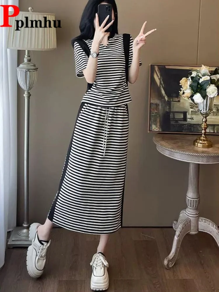 

Striped Women's Casual Conjuntos Short Sleeved Patchwork Pullovers 2 Piece Set High Waist Korean Fashion Lace-Up Skirt Ensemble