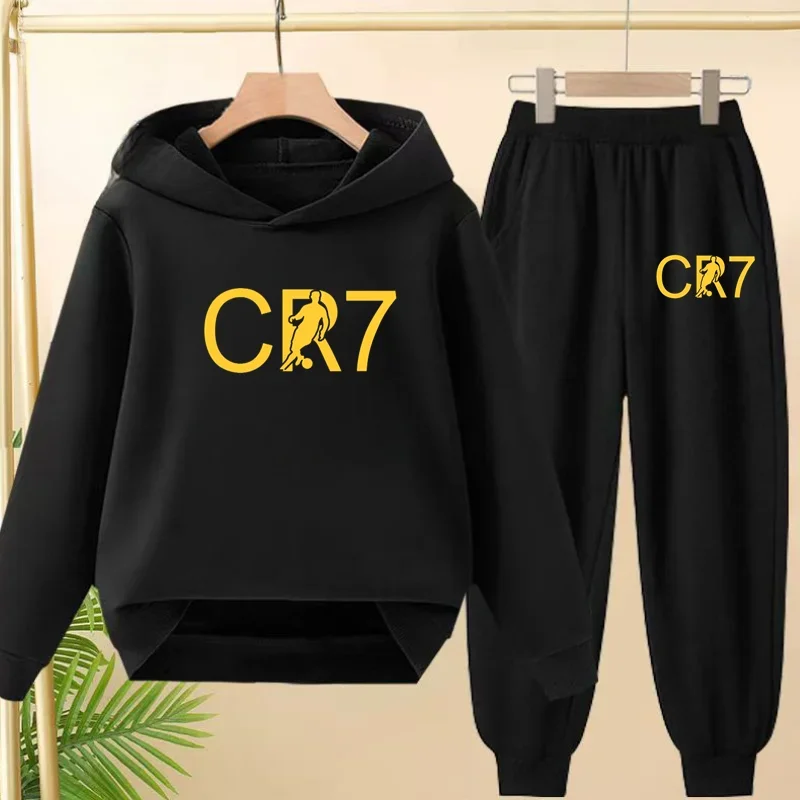 Kids Yellow CR7 Football Idol Print Hoodie Set Boys Girls Sports Jogging Casual Sweatshirt Top with Pants 2-Piece Toddler Outfit
