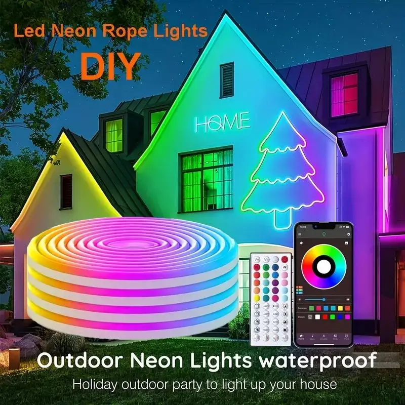 

Поп светодиодный RGB неоновая лента IP65 Водонепроницаемый 12 В Садовая вечеринка Гибкая лента для вывески Smart Bluetooth 48Key Remote APP Control Home D