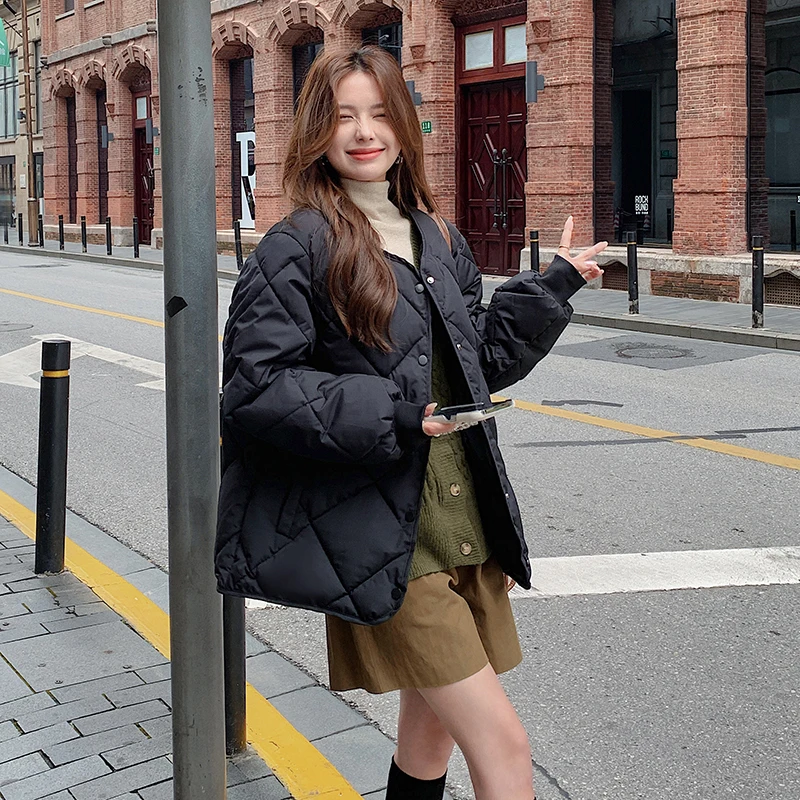 Chaqueta de plumón de pato blanco para mujer, Tops gruesos y cálidos, Tops sólidos cortos de una sola botonadura, Tops casuales a cuadros de diamantes ligeros, abrigos de invierno