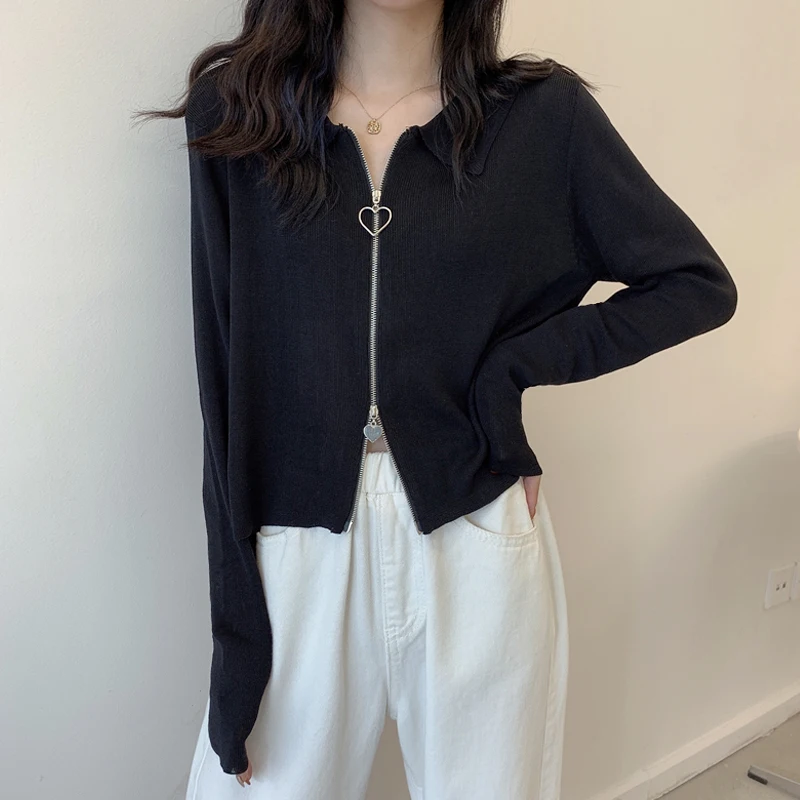 

Women's Knitted Sweater Coat Long Sve ort Sle Spicy Girl Top V-Ne Zipper Casual Loose Fit Autumn New Arrival