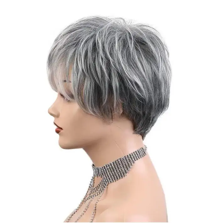 Grey Short layered straight Women Wig With Softly Swept Bangs Synthetic Hair Wig