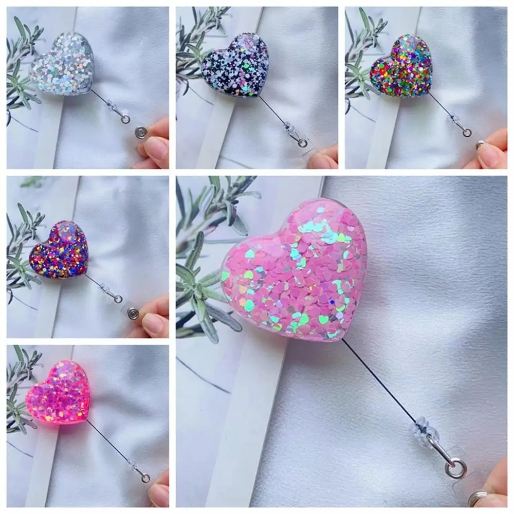

Love Heart Retractable Badge Holder Bling Glitter Alligator Swivel Clip Nurse Badge Reel Exhibition Card 360 Rotating