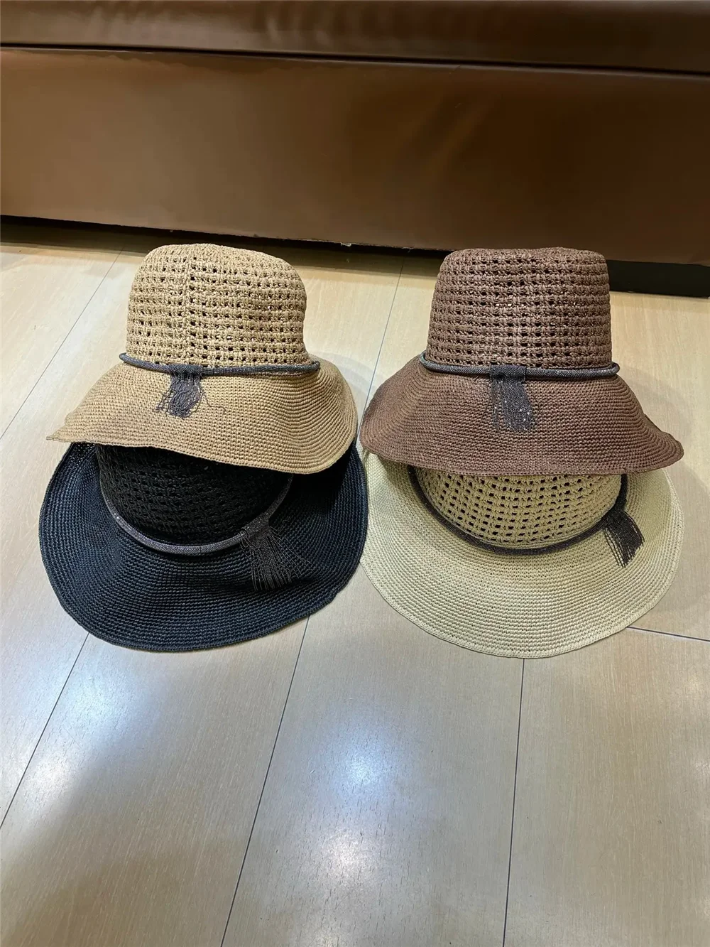 Handmade Braided Raffia Straw Hat Women Summer Casual Vacation Openwork Beading Sun Cap