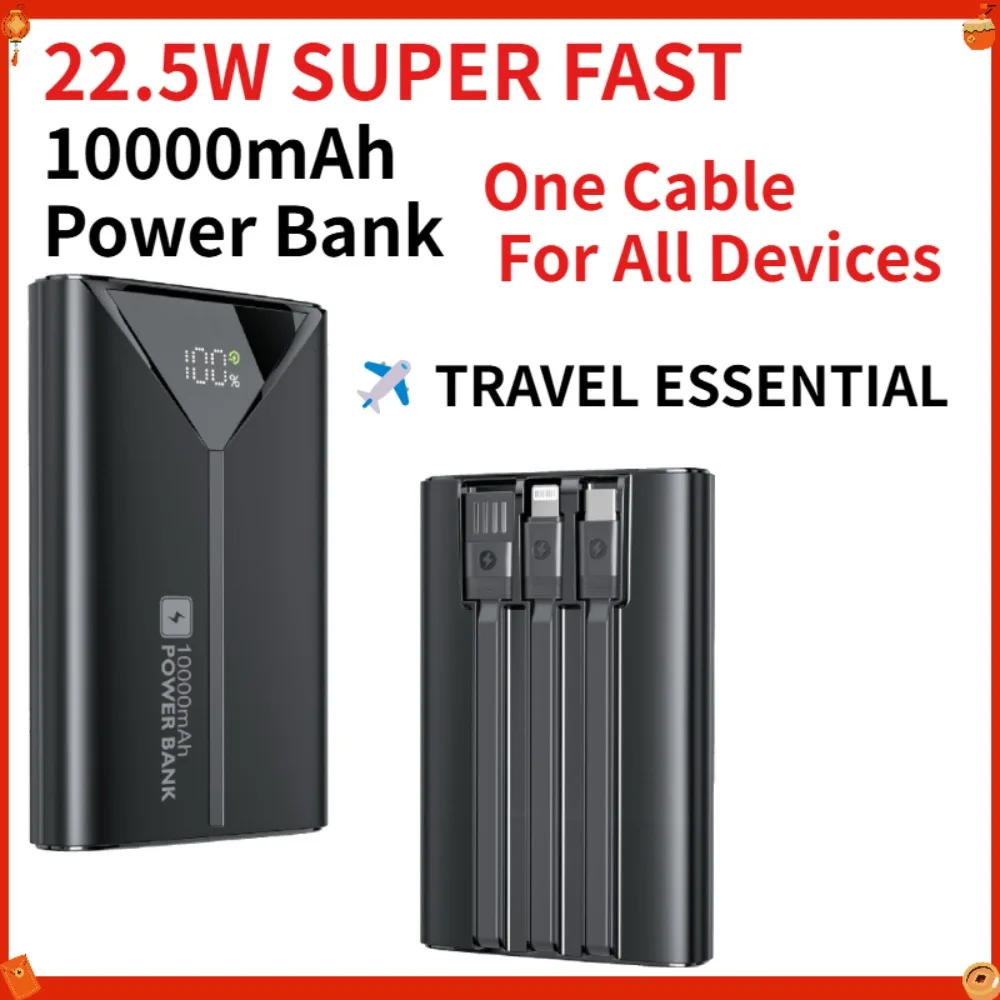 22.5W Fast Charging Power Bank 10000mAh Built-in Cable Portable Charger External Battery Pack for iPhone Samsung Xiaomi