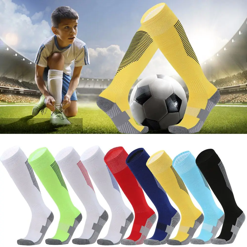 1 Pair Long Knee Football Socks Children Boys Girls Striped Soccer Socks Towel Bottom Non-Slip Sports Stockings