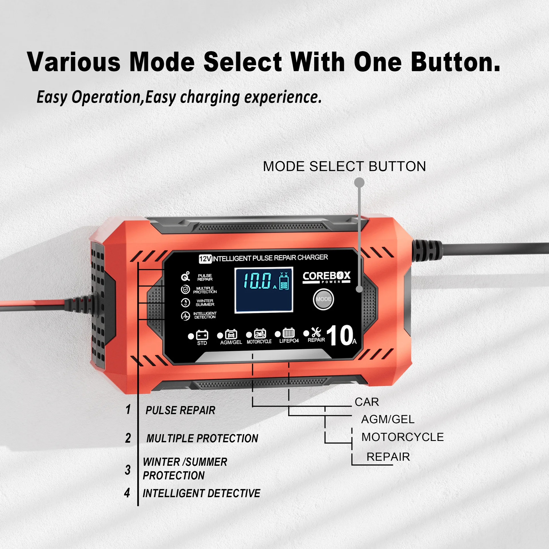 10A 12V Car Battery Charger LiFePo4 Smart Charge for Auto Motorcycle Lead Acid AGM GEL EFB Batteries Pulse Repair LCD Display