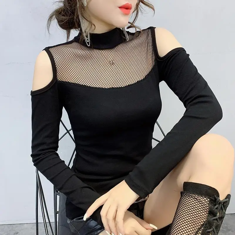 

Элегантные ажурные топы с открытыми плечами, облегающие футболки с длинным рукавом, контрастные лоскутные сексуальные топы, женская одежда, модный тренд весна-осень