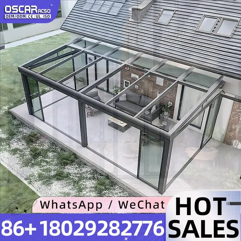 Retractable Folding Sunroom Double Glazed Panels Powder Coated Frame LED Lighting Thermal Insulation Waterproof for Patio Balcon