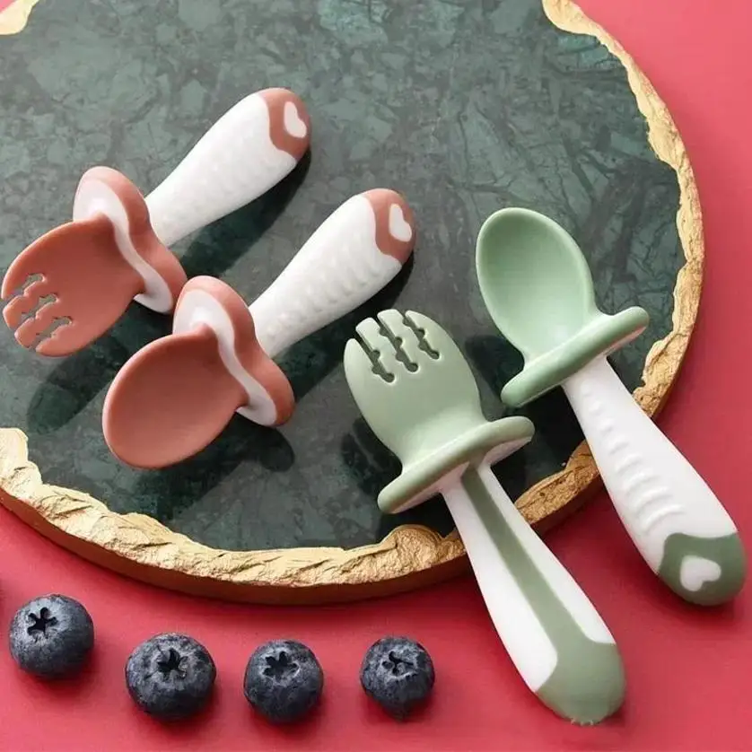 Baby Spoon Fork Silicone Children's Tableware Set Feeding Baby Tableware Learning Spoon Set Short Simple Spoon