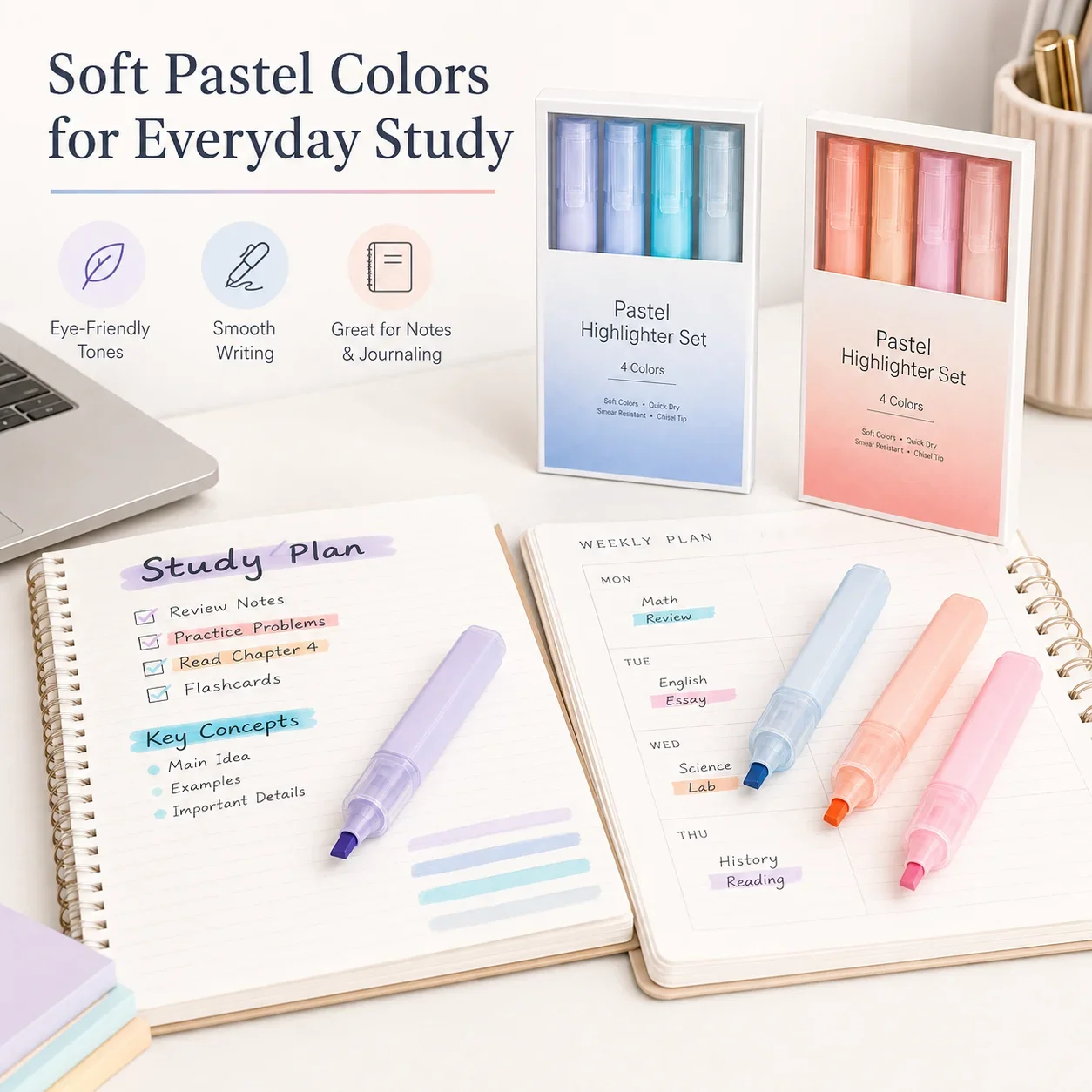 Gradient Highlighters 4 Pack, Soft Pastel Eye-Friendly Colors, Chisel Tip Pens for Note Taking Study