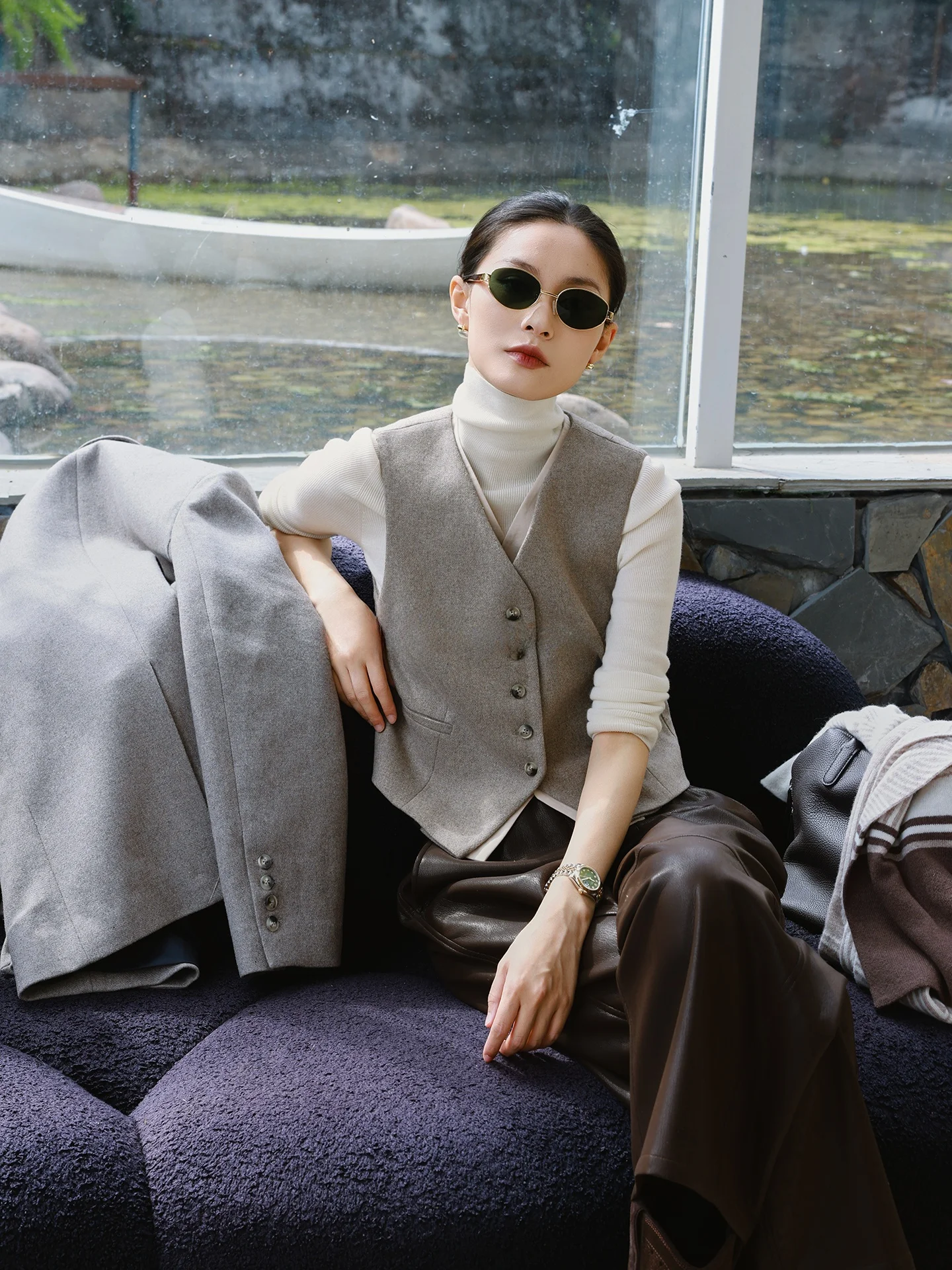 

JIEJI Zhang Spring Fake Two-Piece V-Ne Suit Vest Versatile Svel ort Woolen Cardigan Commute Sle Button up Thin