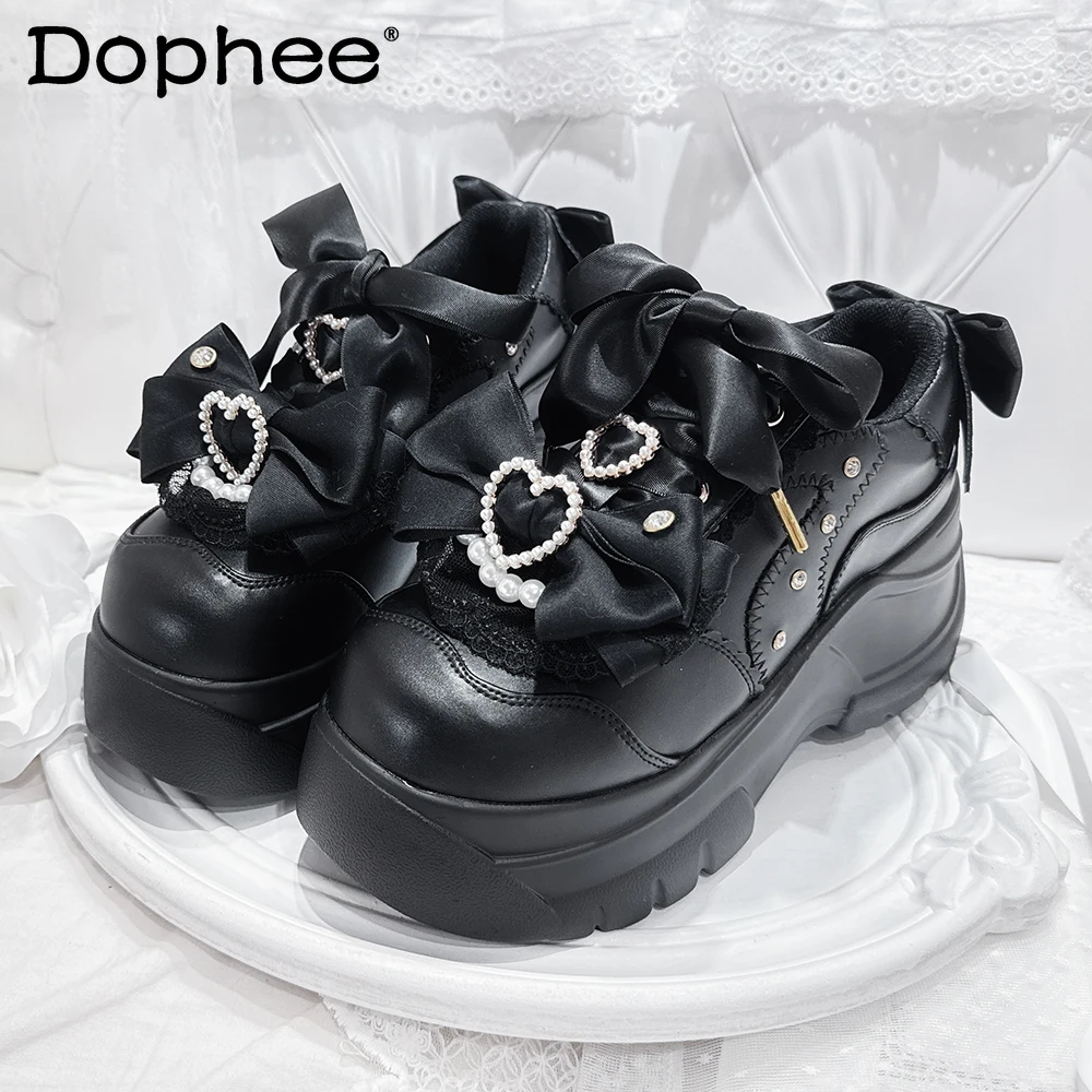 

Черные туфли на толстой подошве, осенние японские милые модные туфли на платформе JK, милые женские кроссовки Лолиты на шнуровке с бантом