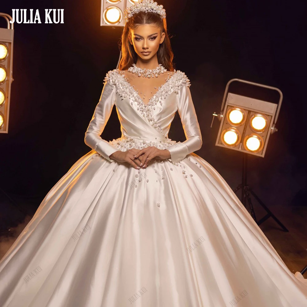 

Julia Kui Luxury Satin Full Sleeves Wedding Dress With Beaded Pearls High Collar Ball Gown Bridal Skirts