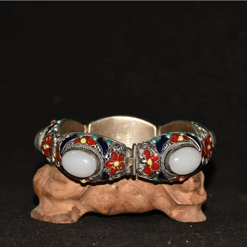 

Tibetan silver cloisonn é inlaid with white jade gemstone bracelet, a beautiful holiday gift for family members