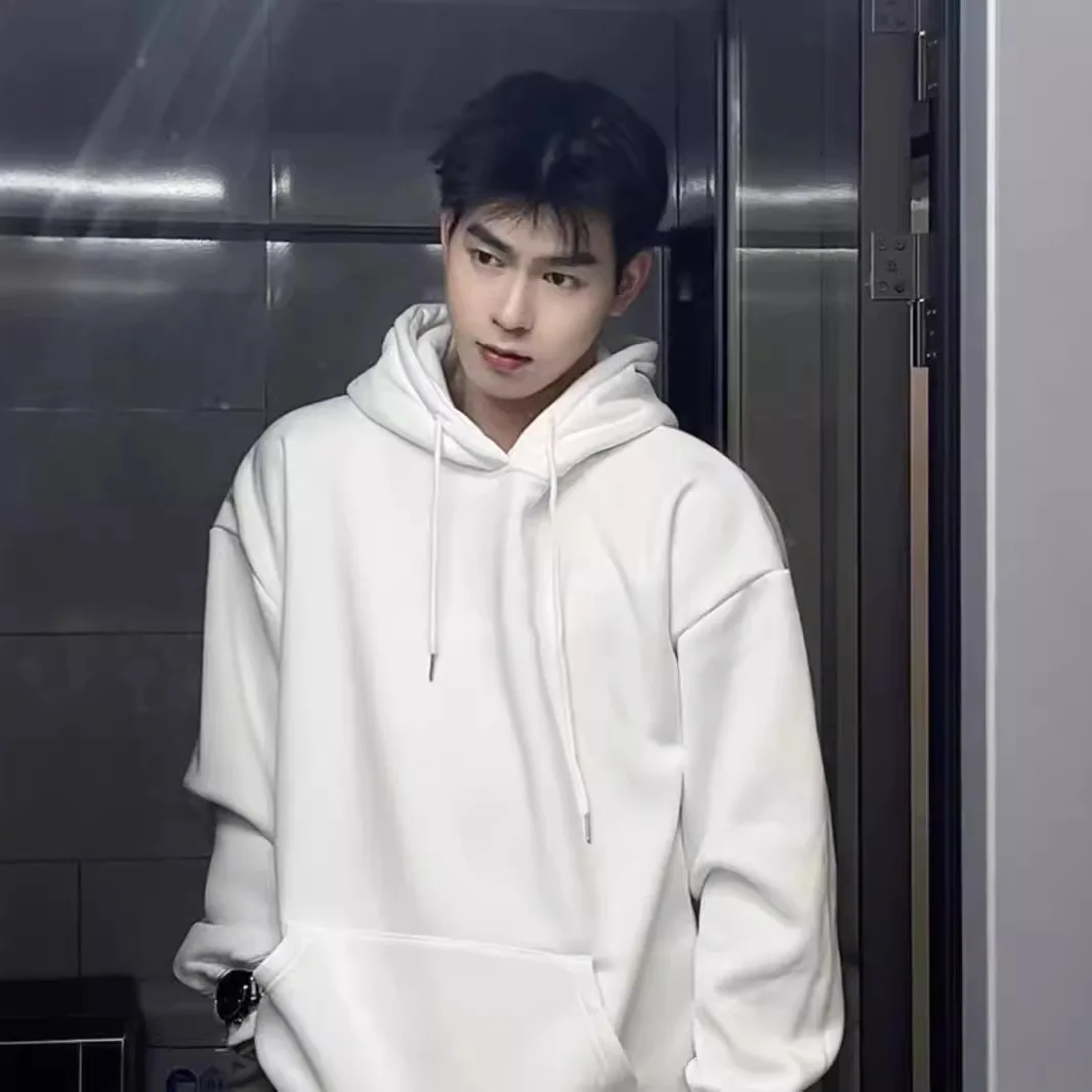 

Black White Plain Color New Fleece Hooded Sweatshirt Men Women Couple Unisex Casual Streetwear Trendy