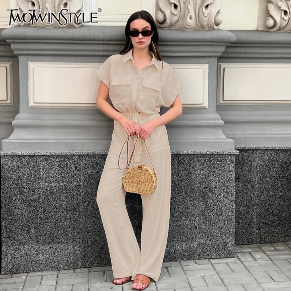 TWOTWINSTYLE – combinaison kaki légère pour femmes, décontractée, revers, manches courtes, taille haute, jambes larges, avec lacets