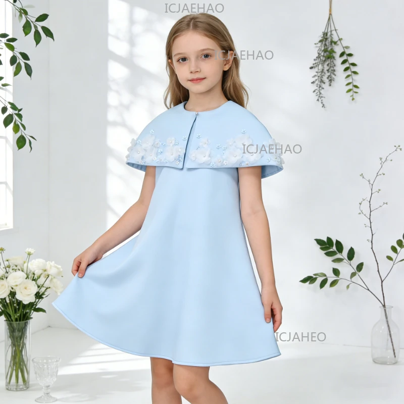 2026 Children Girls Light Blue Dress Costume Elegant Performance Birthday Princess Gown Kids With Cape Cake Skirt Pageant Outfit