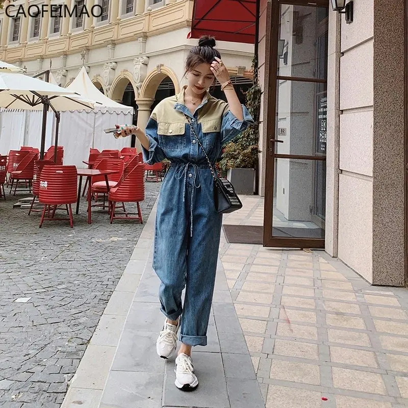 2023 Women Fashion Splice Denim Jumpsuit Long Sleeve Drawstring Slim Straight Jeans Streetwear Safari Style One Piece Overalls