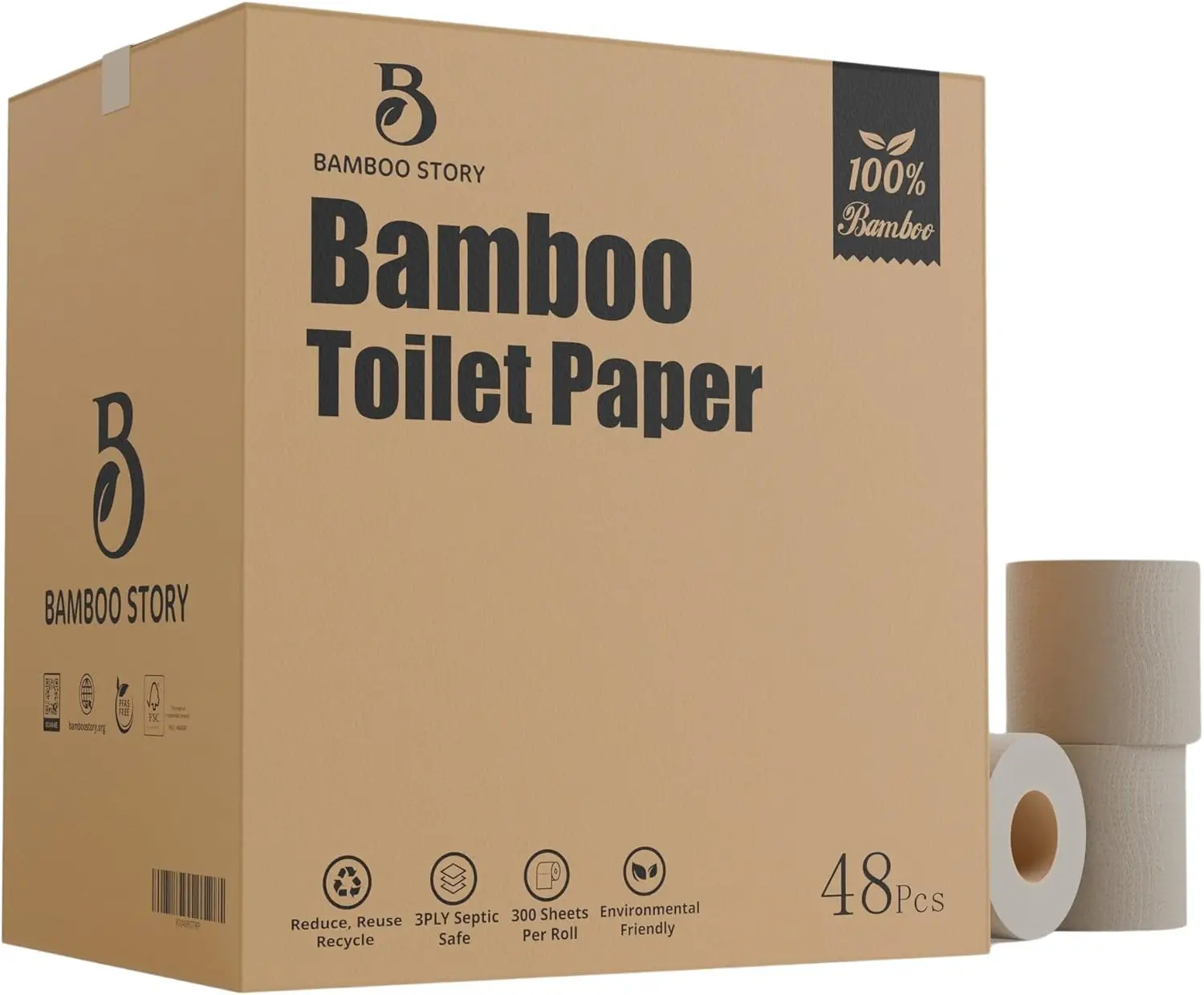 

Eco-Friendly Bamboo Toilet Paper, 48 Rolls, 3-Ply, 300 Sheets - Biodegradable & Chemical-Free