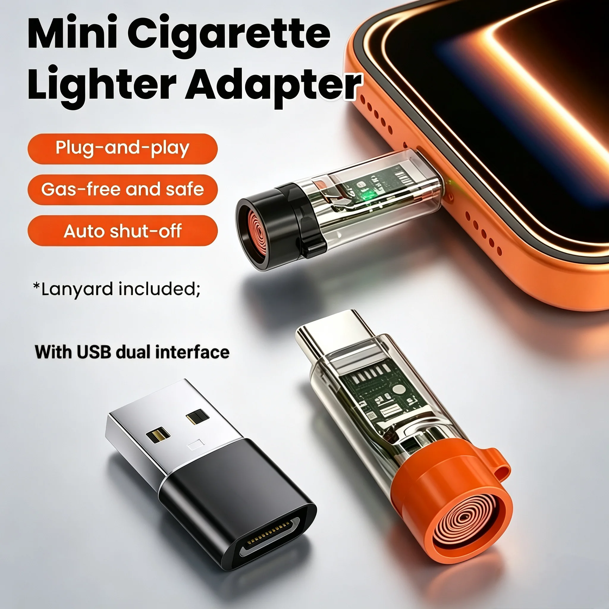 USB-C Dual-Interface Lighter Type-C and USB with Adapter No Open Flame Plug and Play Heating Lighter Transparent mini Device