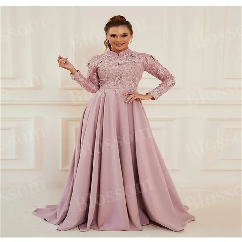 High neck satin ball dress Fine decal Cocktail dress Long sleeve floor-length dress Party evening dress