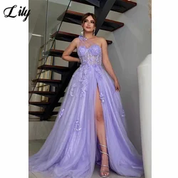 Vestido de noche acampanado de tul con encaje 3D, vestido de fiesta con abertura lateral, lirio Lila