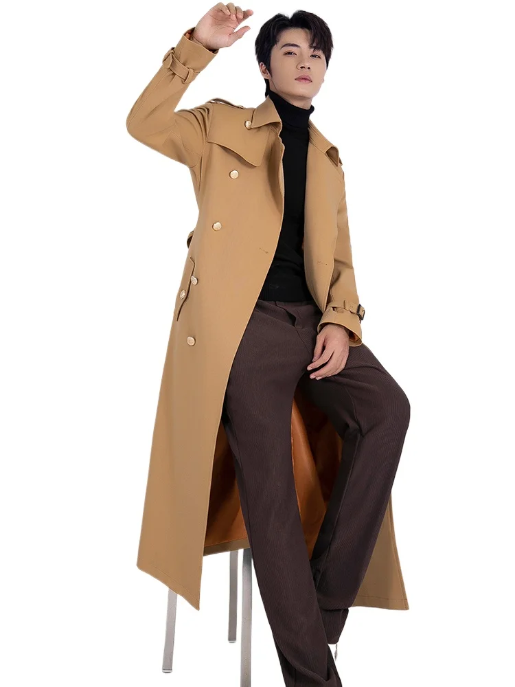 

2025 Spring Autumn Men Trench Coat Khaki Long Jacket Smart Casual British Style Double Breasted Luxury Outwear Korean Coat Men
