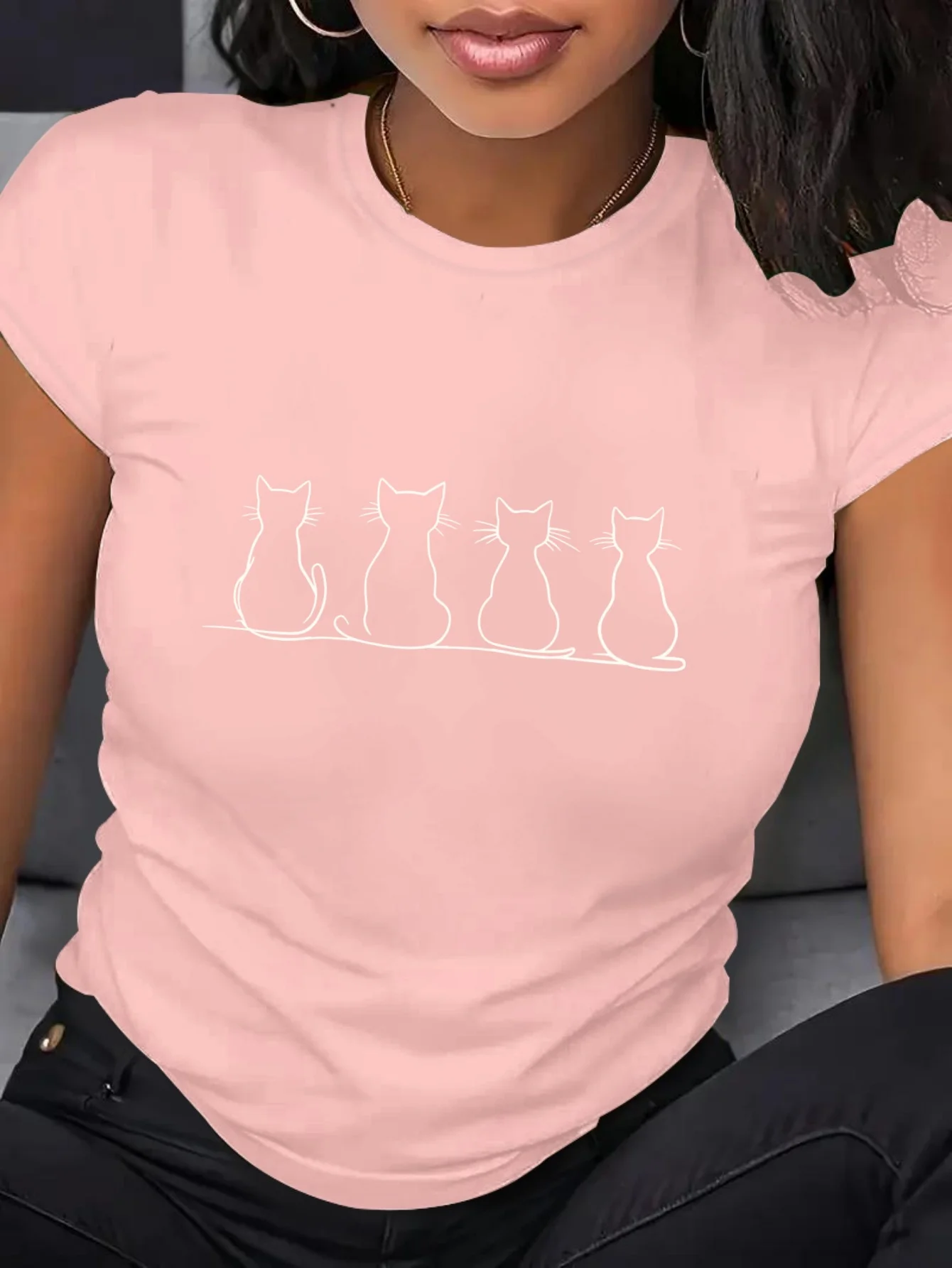 Popular Kitten Pattern New Women's Spring, Summer, Autumn Short Sleeved Directional Printed Women's Top Round Neck Casual
