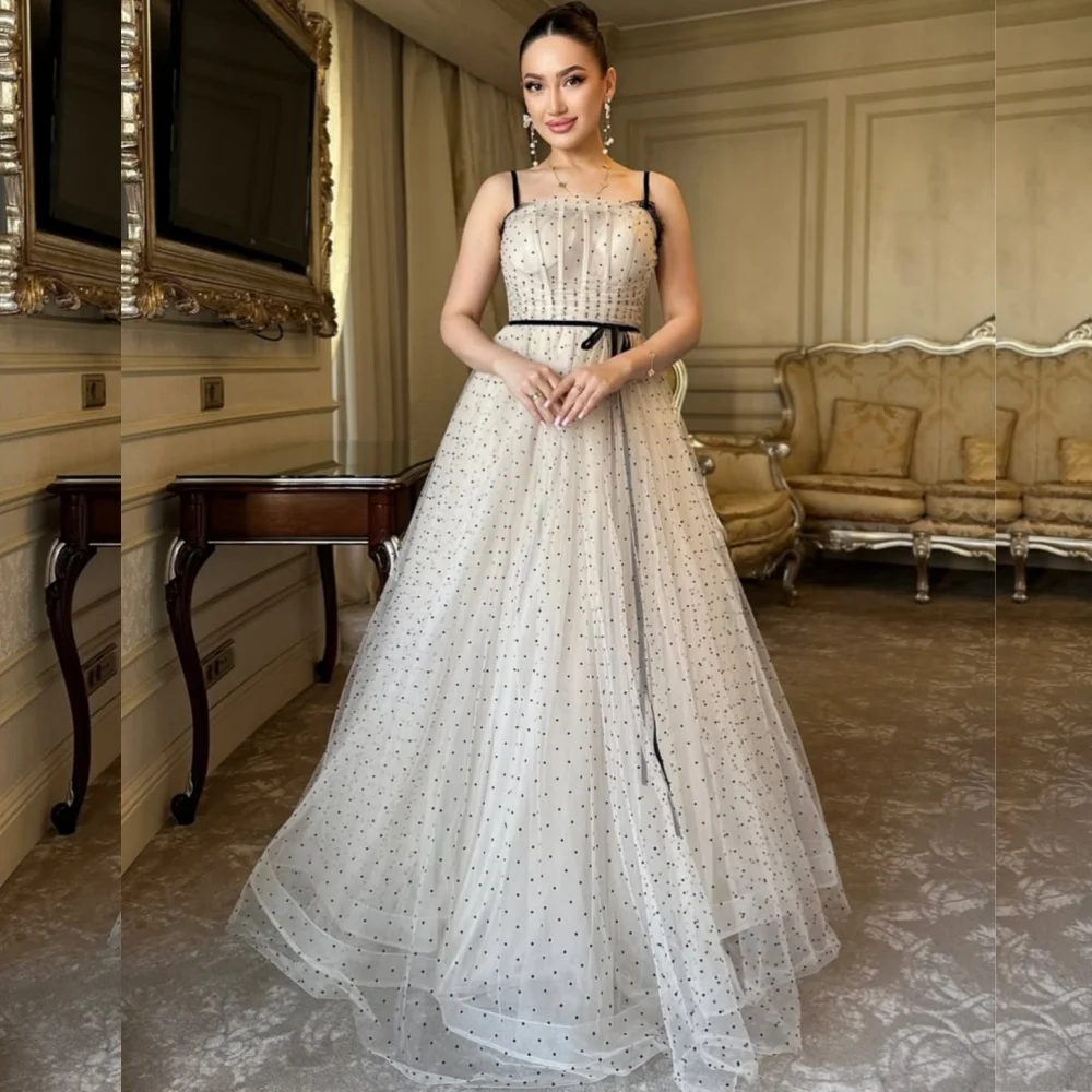 

Customized Modern Style Organza Pleat A-line Spaghetti Strap Long Dresses Bespoke Occasion Classic Simple