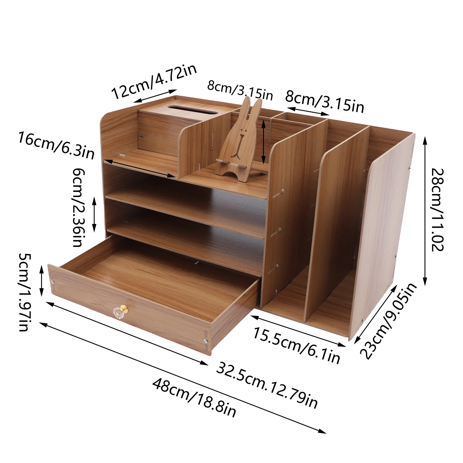 Organisateur de bureau en bois avec tiroir, porte-documents multifonctionnel pour papier A4, stylos, boîte de rangement pour livres pour le bureau ou la maison