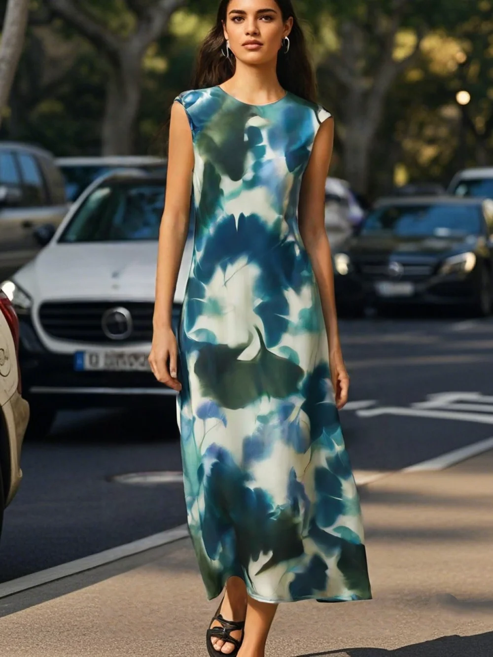 

PB&ZASleeveless Midi Dress for Women with Abstract Floral Print and Smooth Silhouette Ideal for Elegant Casual Occasions