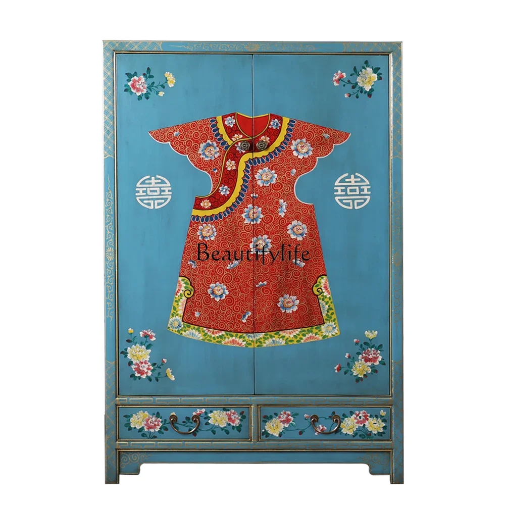 

New Chinese solid wood antique hand-painted retro old Ming and Qing classical paint cabinet with clothes pole