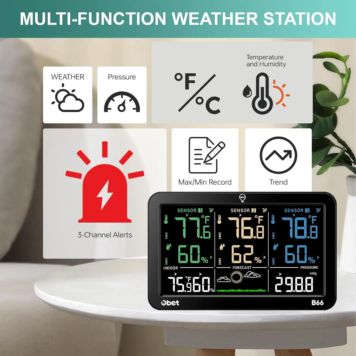 Wireless Weather Station with 3 Sensors, Digital Temp/Humidity Monitor, Alerts, Adjustable Backlight, USB Port – Indoor
