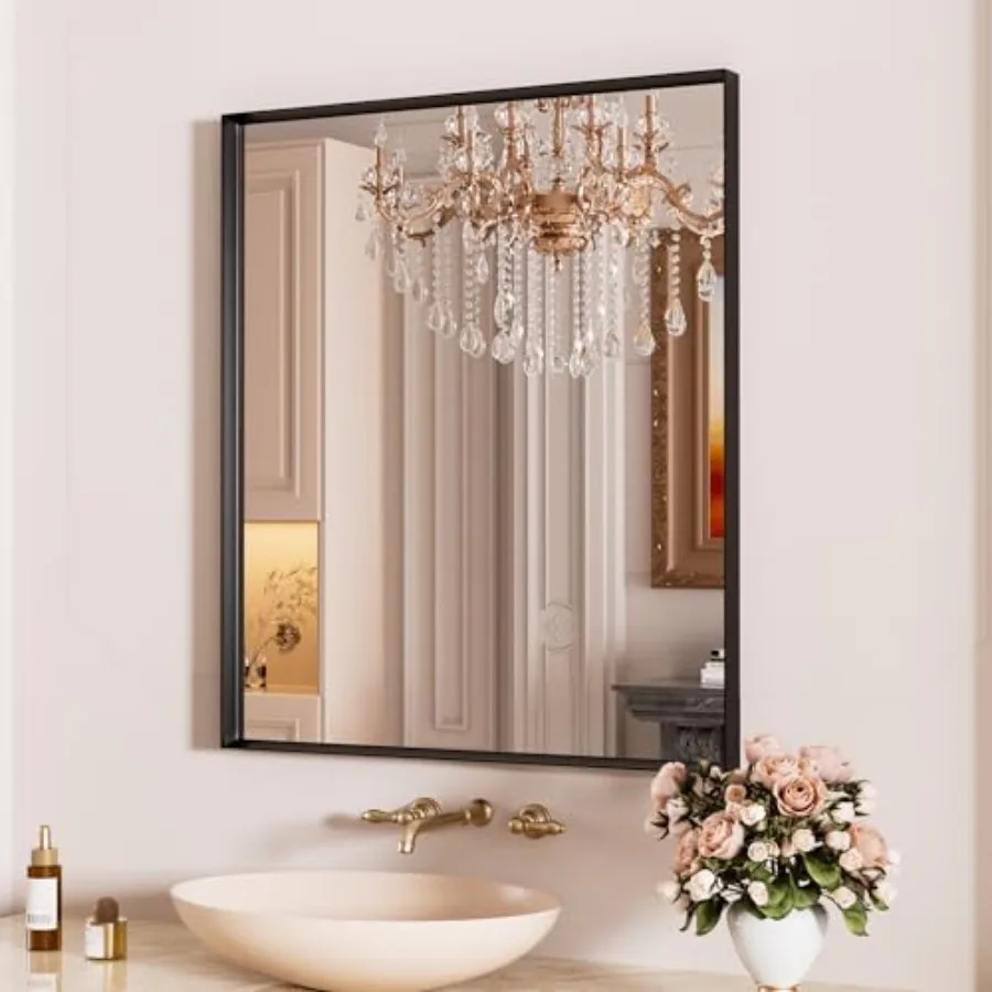 

Black Bathroom Mirror 24x28 inch Black Metal Vanity Mirror Tempered Glass Square Corner Farmhouse Entryway Wall Mounted Rectang