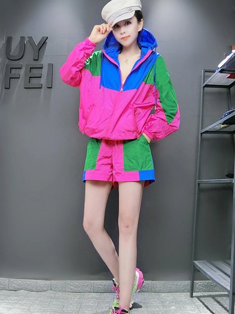 Women Jackets Spring Summer Sweatshirt Zipper Sportswear Coats Sun Protective Clothing Long Sleeve Hooded Patchwork Tops Hooded