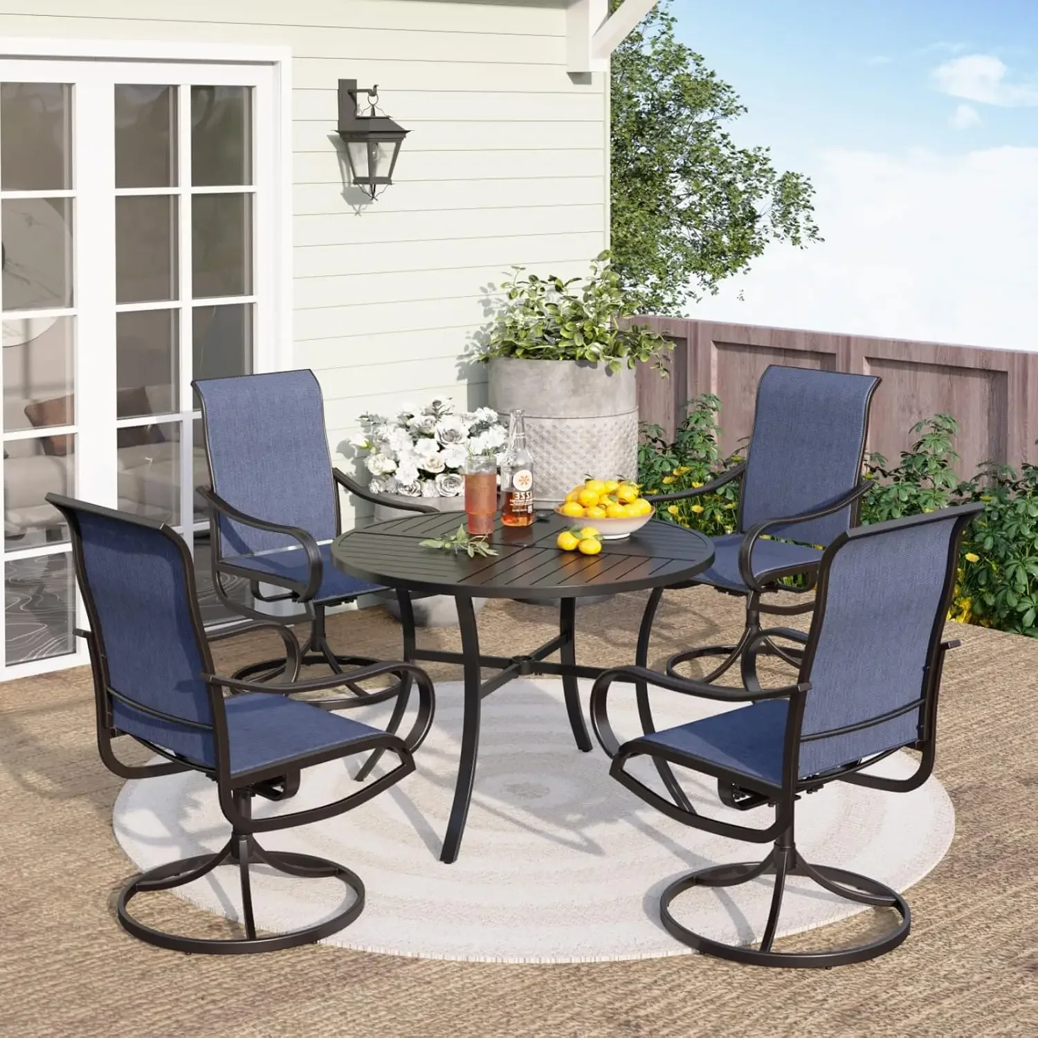 5 Piece Patio Dining Set with 4 Outdoor Swivel Dining Chairs & 1 Large Round Dining Table, All Weather Blue Textilene