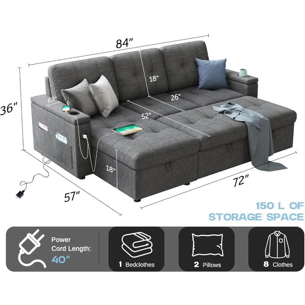 84 Inch Pull Out Couch Bed, Sofa Bed with Storage Chaise, L Shaped Sleeper Sofa with 2 USB Sockets & Cup Holders- Dark Grey