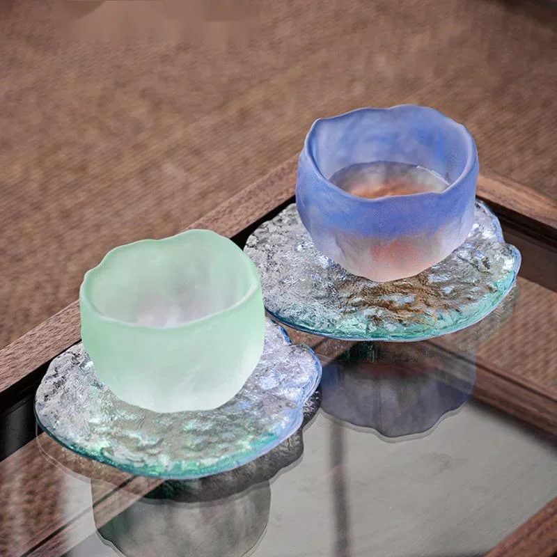 Japanese Glacier Blue Green Tea Cup Set Fashionable Wind Design Small Creative Irregular Frosted Glass Sake Tea Set for Modern