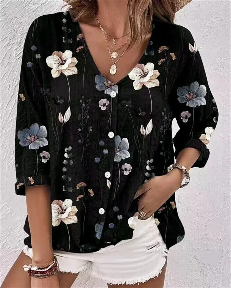 Women New Loose V Neck Shirt Elegant Print Single-breasted Cardigan Blouse Female Spring Autumn Casual Commuter Long Sleeve Tops