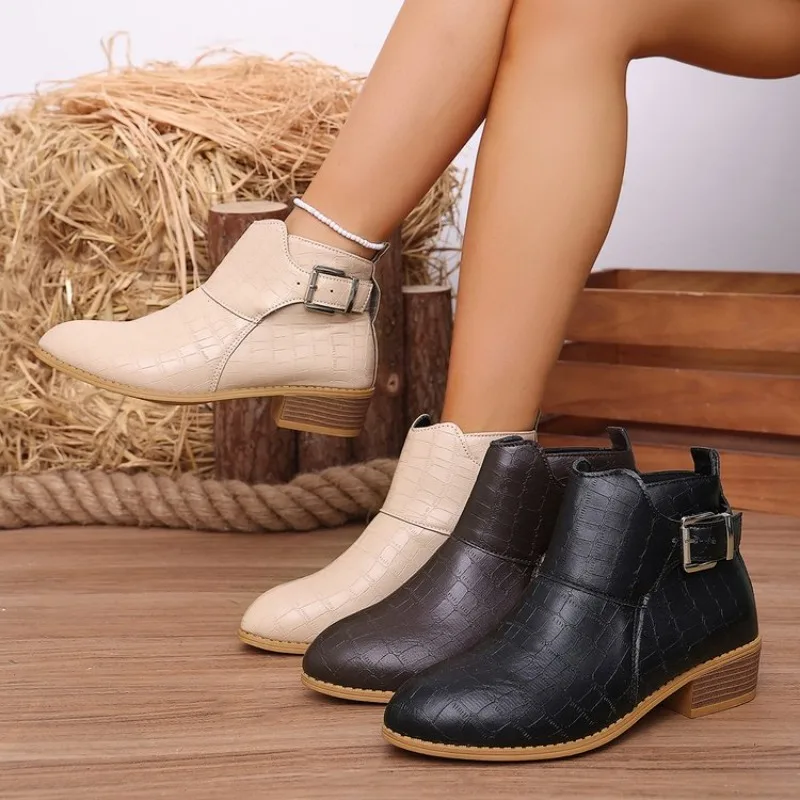 Women Crocodile Pattern Ankle Boots Metal Buckle Low Chunky Heel Slip On Short Booties Black Beige
