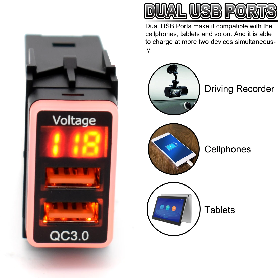 Carro Dual USB Quick Tablet Charger, Adaptador QC3.0, Telefone 12V, Portas de carga rápida, Voltímetro LED, Display Digital, Nissan